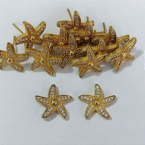 BRINCO NO BRUTO PRONTO BANHO - BRINCO DE PINO ESTRELA DO MAR CRAVEJADO EM MICROS ZIRCÔNIAS - TAMANHO 14MM - PESO TOTAL 2,1GR - BRU23979