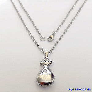 GARGANTILHA EM AÇO INOXIDAVEL COM *(CORRENTE DE 50CM)* E FECHO LAGOSTA-(013) PINGENTE SACO DE DINHEIRO - AÇO0226