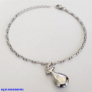 PULSEIRA EM AÇO INOXIDAVEL COM *(PULSEIRA DE 18CM+EXTENSOR)* E FECHO LAGOSTA- PINGENTE SACO DA FELICIDADE- AÇO0235