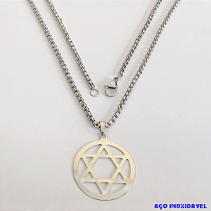 GARGANTILHA EM AÇO INOXIDAVEL COM *(CORDÃO INDIANO DE 60CM)* E FECHO LAGOSTA-(024)(I-0924) Medalha redonda estrela de Davi 27 mm - AÇO0243