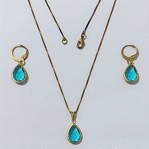 CONJUNTO NO BRUTO PRONTO PARA O BANHO - COM CORRENTE VENEZIANA DE 45CM - PINGENTES PINGENTE 8X12MM (GOTA)COMPOSIÇÃO 70% LATÃO E 30% VIDRO AZUL CLARO - PESO: 5,0GR - BRU24050