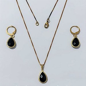 CONJUNTO NO BRUTO PRONTO PARA O BANHO - COM CORRENTE VENEZIANA DE 45CM - PINGENTES PINGENTE 8X12MM (GOTA)COMPOSIÇÃO 70% LATÃO E 30% VIDRO PRETO - PESO: 5,0GR - BRU24055