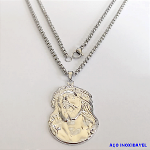 GARGANTILHA EM AÇO INOXIDAVEL COM *(CORDÃO INDIANO DE 45CM)* E FECHO LAGOSTA-(024)(I-1171) Face de cristo grande 36mm - AÇO0248