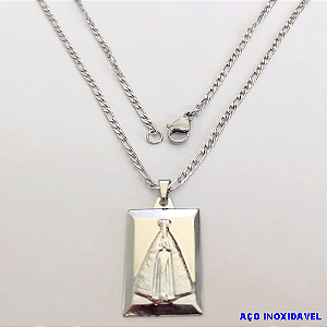 GARGANTILHA EM AÇO INOXIDAVEL COM *(CORRENTE3X1 - 70CM)* E FECHO LAGOSTA-(I-1261/1)Placa NS Aparecida 28mm - AÇO0263