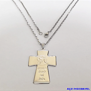 GARGANTILHA EM AÇO INOXIDAVEL COM *(CORRENTE CARTIER CURTA 50CM)* E FECHO LAGOSTA-(BCOL026)AC INOX CRUZ GRANDE FACE DE CRISTO CHEIA( C3.1032C)- AÇO0271