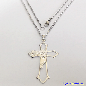 GARGANTILHA EM AÇO INOXIDAVEL COM *(CORRENTE CARTIER CURTA 70CM)* E FECHO LAGOSTA-(BCOL026)AC INOX CRUZ FACE DE CRISTO VAZADAZ( C3.1210)- AÇO0276