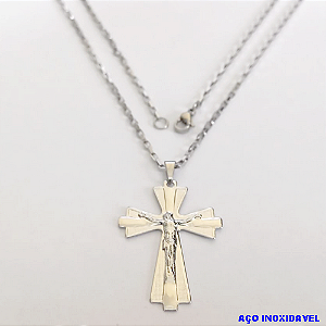 GARGANTILHA EM AÇO INOXIDAVEL COM *(CORRENTE CARTIER CURTA 70CM)* E FECHO LAGOSTA-(BCOL026)AC INOX CRUZ TXT CLICADA(C3.1150 )- AÇO0279