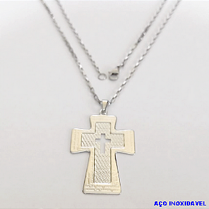 GARGANTILHA EM AÇO INOXIDAVEL COM *(CORRENTE CARTIER CURTA 50CM)* E FECHO LAGOSTA-(BCOL026)AC INOX CRUZ G C/ CRUZ VZ PAI NOSSO BORDA(C3.1004 )- AÇO0280