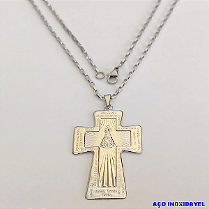 GARGANTILHA EM AÇO INOXIDAVEL COM *(CORRENTE CARTIER CURTA 50CM)* E FECHO LAGOSTA-(BCOL026)AC INOX CRUZ GRANDE CHEIA C/ N SRa APARECIDA(C3.1066 )- AÇO0283