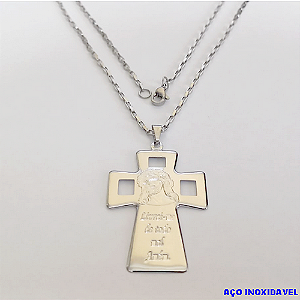 GARGANTILHA EM AÇO INOXIDAVEL COM *(CORRENTE CARTIER CURTA 70CM)* E FECHO LAGOSTA-(AC INOX CRUZ GRANDE FACE DE CRISTO C/ VAZADA(C3.1032 )- AÇO0288