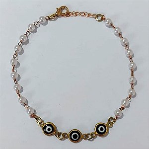 PULSEIRA NO BRUTO PRONTA PARA O BANHO - PULSEIRA EM PÉROLAS E OLHOS GREGOS NEGROS - TAMANHO 18CM + EXTENSOR - PESO 1,7GR- BRU24168