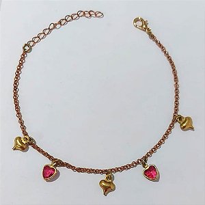 PULSEIRA NO BRUTO PRONTA PARA O BANHO - PULSEIRA COM CORAÇÕES DUPLOS E EM CRISTAIS VERMELHOS- TAMANHO 18CM + EXTENSOR - PESO 2,3GR- BRU24170