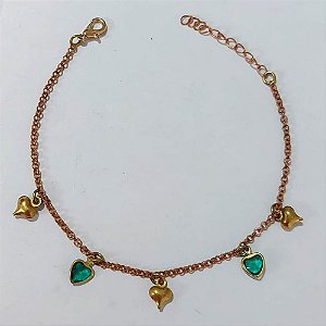 PULSEIRA NO BRUTO PRONTA PARA O BANHO - PULSEIRA COM CORAÇÕES DUPLOS E EM CRISTAIS VERDES- TAMANHO 18CM + EXTENSOR - PESO 2,3GR- BRU24171