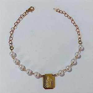 PULSEIRA NO BRUTO PRONTA PARA O BANHO - (CX.12) PULSEIRA COM PÉROLAS E IMAGEM SAGRADO CORAÇÃO DE JESUS - TAMANHO 18CM + EXTENSOR - PESO 3,6GR- BRU24173
