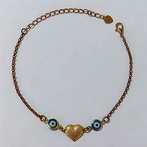 PULSEIRA NO BRUTO PRONTA PARA O BANHO - (CX.12) PULSEIRA COM CORAÇÃO E OLHOS GREGOS - TAMANHO 17CM + EXTENSOR - PESO 2,2GR- BRU24174