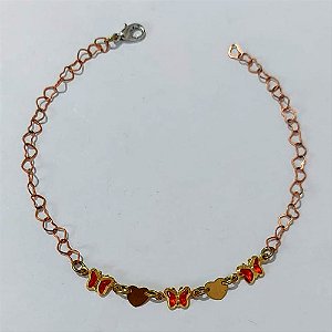 PULSEIRA NO BRUTO PRONTA PARA O BANHO - PULSEIRA COM BORBOLETAS VERMELHAS E CORAÇÕES - TAMANHO 20CM - PESO 1,6GR - BRU24179