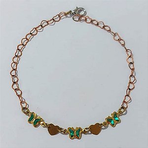 PULSEIRA NO BRUTO PRONTA PARA O BANHO - PULSEIRA COM BORBOLETAS VERDES E CORAÇÕES - TAMANHO 20CM - PESO 1,6GR - BRU24182
