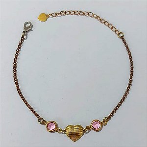 PULSEIRA NO BRUTO PRONTA PARA O BANHO - PULSEIRA COM CRISTAIS ROSAS E CORAÇÃO - TAMANHO 18CM + EXTENSOR - PESO 2,3GR - BRU24187