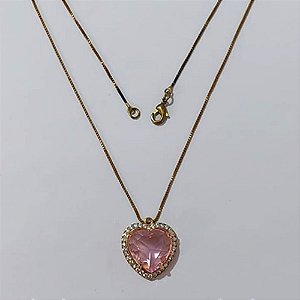 GARGANTILHA NO BRUTO PRONTA PARA O BANHO - GARGANTILHA COM CORRENTE VENEZIANA 45CM - PINGENTE COM BASE CORAÇÃO CRAVEJADO EM MICRO ZIRCÔNIAS CRISTAIS E PEDRA EM ZIRCÔNIA ROSA 15X15MM - PESO TOTAL 6,6GR - COMPOSIÇÃO: LATÃO / ZIRCÔNIA - BRU24192