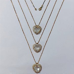 GARGANTILHA NO BRUTO PRONTA PARA O BANHO - KIT COM 3 CORRENTES VENEZIANAS 45CM E PINGENTES COM BASES CORAÇÃO CRAVEJADO EM MICRO ZIRCÔNIAS CRISTAIS E PEDRA EM ZIRCÔNIA CRISTAL 15X15MM - PESO TOTAL 19,8GR - BRU24221