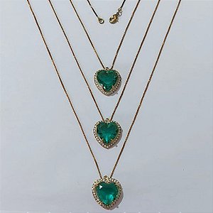 GARGANTILHA NO BRUTO PRONTA PARA O BANHO - KIT COM 3 CORRENTES VENEZIANAS 45CM E PINGENTES COM BASES CORAÇÃO CRAVEJADO EM MICRO ZIRCÔNIAS CRISTAIS E PEDRA EM ZIRCÔNIA VERDE 15X15MM - PESO TOTAL 19,8GR - BRU24223
