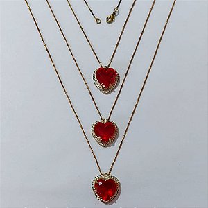 GARGANTILHA NO BRUTO PRONTA PARA O BANHO - KIT COM 3 CORRENTES VENEZIANAS 45CM E PINGENTES COM BASES CORAÇÃO CRAVEJADO EM MICRO ZIRCÔNIAS CRISTAIS E PEDRA EM ZIRCÔNIA VERMELHA 15X15MM - PESO TOTAL 19,8GR - BRU24224