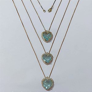 GARGANTILHA NO BRUTO PRONTA PARA O BANHO - KIT COM 3 CORRENTES VENEZIANAS 45CM E PINGENTES COM BASES CORAÇÃO CRAVEJADO EM MICRO ZIRCÔNIAS CRISTAIS E PEDRA EM ZIRCÔNIA AZUL 15X15MM - PESO TOTAL 19,8GR - BRU24225
