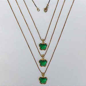 GARGANTILHA NO BRUTO PRONTA PARA O BANHO - KIT COM 3 CORRENTES VENEZIANAS 45CM E PINGENTES BORBOLETA TIPO VAN CLEEF EM VIDRO VERDE 10MM - PESO TOTAL 8,1GR - BRU24249