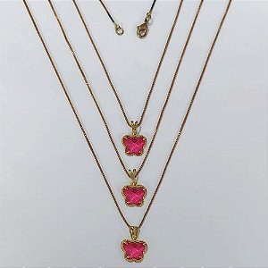 GARGANTILHA NO BRUTO PRONTA PARA O BANHO - KIT COM 3 CORRENTES VENEZIANAS 45CM E PINGENTES BORBOLETA TIPO VAN CLEEF EM VIDRO PINK 10MM - PESO TOTAL 8,1GR - BRU24250