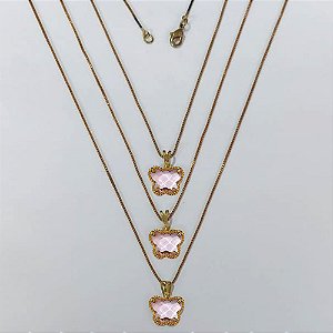GARGANTILHA NO BRUTO PRONTA PARA O BANHO - KIT COM 3 CORRENTES VENEZIANAS 45CM E PINGENTES BORBOLETA TIPO VAN CLEEF EM VIDRO ROSA 10MM - PESO TOTAL 8,1GR - BRU24252