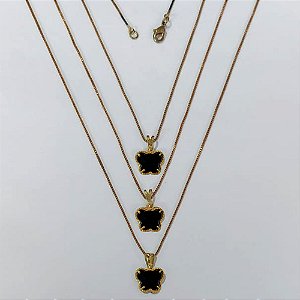 GARGANTILHA NO BRUTO PRONTA PARA O BANHO - KIT COM 3 CORRENTES VENEZIANAS 45CM E PINGENTES BORBOLETA TIPO VAN CLEEF EM VIDRO PRETO 10MM - PESO TOTAL 8,1GR - BRU24253