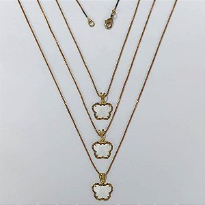 GARGANTILHA NO BRUTO PRONTA PARA O BANHO - KIT COM 3 CORRENTES VENEZIANAS 45CM E PINGENTES BORBOLETA TIPO VAN CLEEF EM RESINA MADRE PÉROLA 10MM - PESO TOTAL 7,5GR - BRU24254
