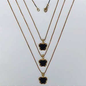 GARGANTILHA NO BRUTO PRONTA PARA O BANHO - KIT COM 3 CORRENTES VENEZIANAS 45CM E PINGENTES BORBOLETA TIPO VAN CLEEF EM RESINA PRETA 10MM - PESO TOTAL 7,5GR - BRU24255
