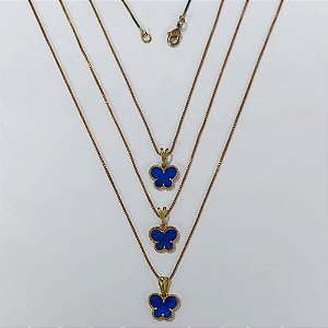 GARGANTILHA NO BRUTO PRONTA PARA O BANHO - KIT COM 3 CORRENTES VENEZIANAS 45CM E PINGENTES BORBOLETA TIPO VAN CLEEF EM RESINA AZUL 10MM - PESO TOTAL 7,5GR - BRU24256