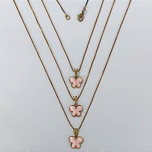 GARGANTILHA NO BRUTO PRONTA PARA O BANHO - KIT COM 3 CORRENTES VENEZIANAS 45CM E PINGENTES BORBOLETA TIPO VAN CLEEF EM RESINA ROSA 10MM - PESO TOTAL 7,5GR - BRU24257
