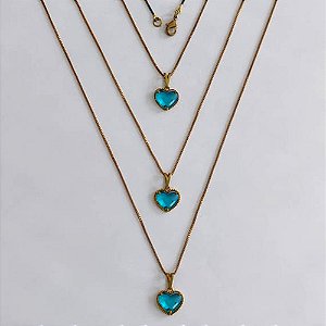 GARGANTILHA NO BRUTO PRONTA PARA O BANHO - KIT COM 3 CORRENTES VENEZIANAS 45CM E PINGENTES CORAÇÃO TIPO VAN CLEEF EM VIDRO AZUL 10MM - PESO TOTAL 7,8GR - BRU24259