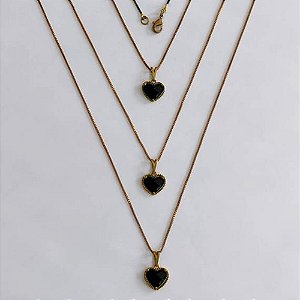 GARGANTILHA NO BRUTO PRONTA PARA O BANHO - KIT COM 3 CORRENTES VENEZIANAS 45CM E PINGENTES CORAÇÃO TIPO VAN CLEEF EM VIDRO PRETO 10MM - PESO TOTAL 7,8GR - BRU24261