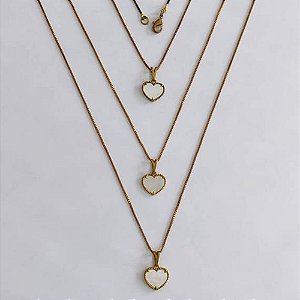 GARGANTILHA NO BRUTO PRONTA PARA O BANHO - KIT COM 3 CORRENTES VENEZIANAS 45CM E PINGENTES CORAÇÃO TIPO VAN CLEEF EM RESINA MADRE PÉROLA 10MM - PESO TOTAL 6,3GR - BRU24262