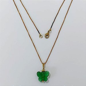 GARGANTILHA NO BRUTO PRONTA PARA O BANHO - (CX.15) GARGANTILHA COM CORRENTE VENEZIANA 45CM - PINGENTE BORBOLETA VIDRO VERDE 15MM - PESO TOTAL 3,3GR - COMPOSIÇÃO: LATÃO / VIDRO - BRU24300