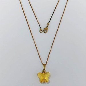 GARGANTILHA NO BRUTO PRONTA PARA O BANHO - (CX.15) GARGANTILHA COM CORRENTE VENEZIANA 45CM - PINGENTE BORBOLETA VIDRO AMARELA 15MM - PESO TOTAL 3,3GR - COMPOSIÇÃO: LATÃO / VIDRO - BRU24301