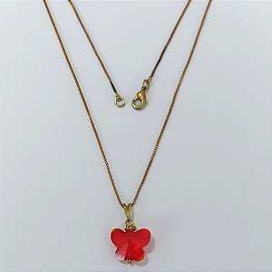 GARGANTILHA NO BRUTO PRONTA PARA O BANHO - (CX.15) GARGANTILHA COM CORRENTE VENEZIANA 45CM - PINGENTE BORBOLETA VIDRO VERMELHA 15MM - PESO TOTAL 3,3GR - COMPOSIÇÃO: LATÃO / VIDRO - BRU24302