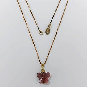 GARGANTILHA NO BRUTO PRONTA PARA O BANHO - GARGANTILHA COM CORRENTE VENEZIANA 45CM - PINGENTE BORBOLETA VIDRO MARROM 15MM - PESO TOTAL 3,3GR - COMPOSIÇÃO: LATÃO / VIDRO - BRU24305