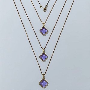 GARGANTILHA NO BRUTO PRONTA PARA O BANHO - KIT COM 3 CORRENTES VENEZIANAS 45CM E PINGENTES TIPO VAN CLEEF VIDRO LILÁS 15MM - PESO TOTAL 9GR - BRU24308