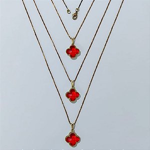 GARGANTILHA NO BRUTO PRONTA PARA O BANHO - KIT COM 3 CORRENTES VENEZIANAS 45CM E PINGENTES TIPO VAN CLEEF VIDRO VERMELHA 15MM - PESO TOTAL 9GR - BRU24309