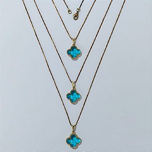 GARGANTILHA NO BRUTO PRONTA PARA O BANHO - KIT COM 3 CORRENTES VENEZIANAS 45CM E PINGENTES TIPO VAN CLEEF VIDRO AZUL 15MM - PESO TOTAL 9GR - BRU24311