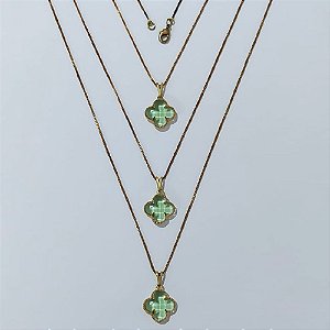 GARGANTILHA NO BRUTO PRONTA PARA O BANHO - KIT COM 3 CORRENTES VENEZIANAS 45CM E PINGENTES TIPO VAN CLEEF VIDRO VERDE CLARA 15MM - PESO TOTAL 9GR - BRU24313