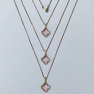 GARGANTILHA NO BRUTO PRONTA PARA O BANHO - KIT COM 3 CORRENTES VENEZIANAS 45CM E PINGENTES TIPO VAN CLEEF VIDRO ROSA 15MM - PESO TOTAL 9GR - BRU24314