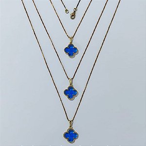 GARGANTILHA NO BRUTO PRONTA PARA O BANHO - KIT COM 3 CORRENTES VENEZIANAS 45CM E PINGENTES TIPO VAN CLEEF VIDRO AZUL ESCURA 15MM - PESO TOTAL 9GR - BRU24315