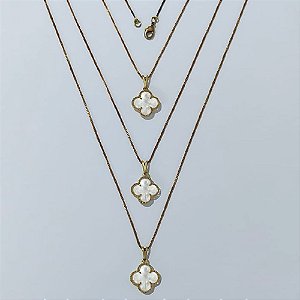 GARGANTILHA NO BRUTO PRONTA PARA O BANHO - KIT COM 3 CORRENTES VENEZIANAS 45CM E PINGENTES TIPO VAN CLEEF EM RESINA MADRE PÉROLA 15MM - PESO TOTAL 8,4GR - BRU24317