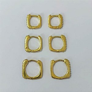 BRINCO NO BRUTO PRONTO BANHO - BRINCO TRIO ARGOLINHA DE PRESSÃO (TRANQUETA) QUADRADO CRAVEJADOS EM MICROS ZIRCÔNIAS - TAMANHOS 11/13/15MM - PESO TOTAL 5,9GR - BRU24538